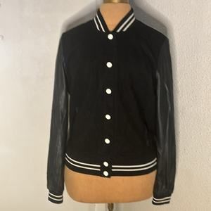 Forever 21 Faux Leather Black/ White Moto Varsity Bomber Jacket S Thriller Biker